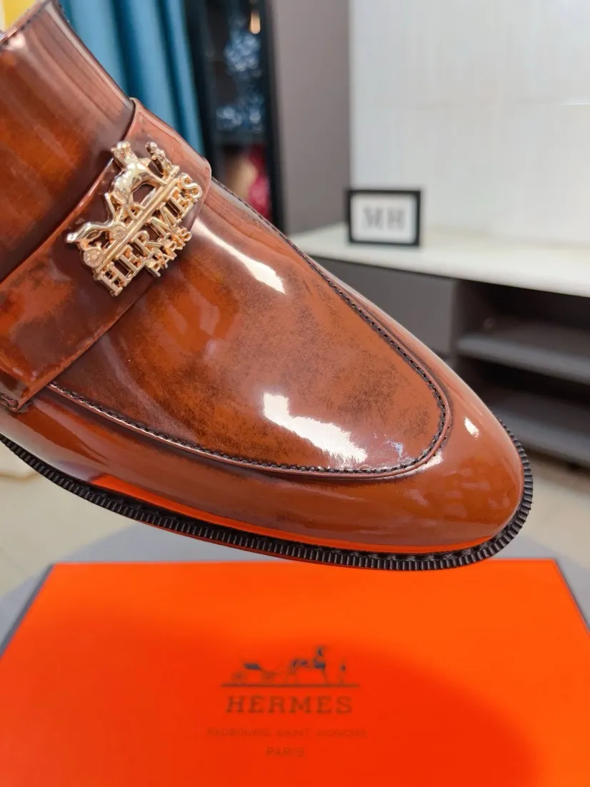 Men's shoes 💰500🌹🌹《HERMES》Hermès business leather shoes, original factory configuration, original imported open edge bead upper + luxury hardware logo + fully imported original customized sheepskin lining, sole: rubber wear-resistant outsole, difficult craftsmanship, original factory follow-up goods, 🔍🔍high quality code number: 38-44 45 can be customized